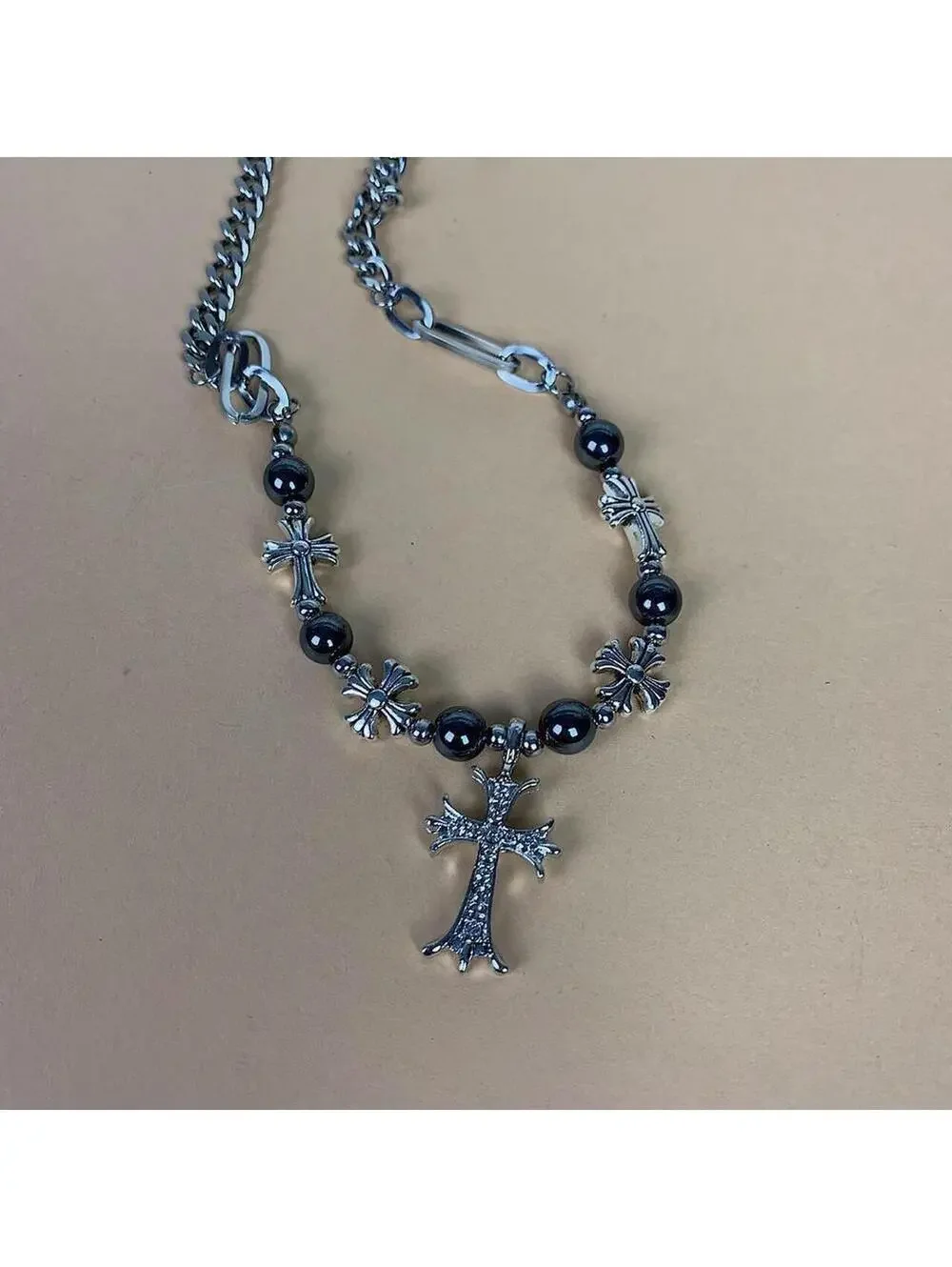 y2k 2000s style grunge chrome pearl rhinestone silver cross pendant Cuban link